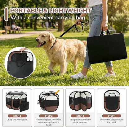 Dog Playpen, Portable Puppy Pet Crate Indoors for Small/Medium Dogs Cats Rabbits, Foldable Dog Cage Enclosure for Outdoor, Pop Up Dogs Tent Kennel with Carrying Case, Brown