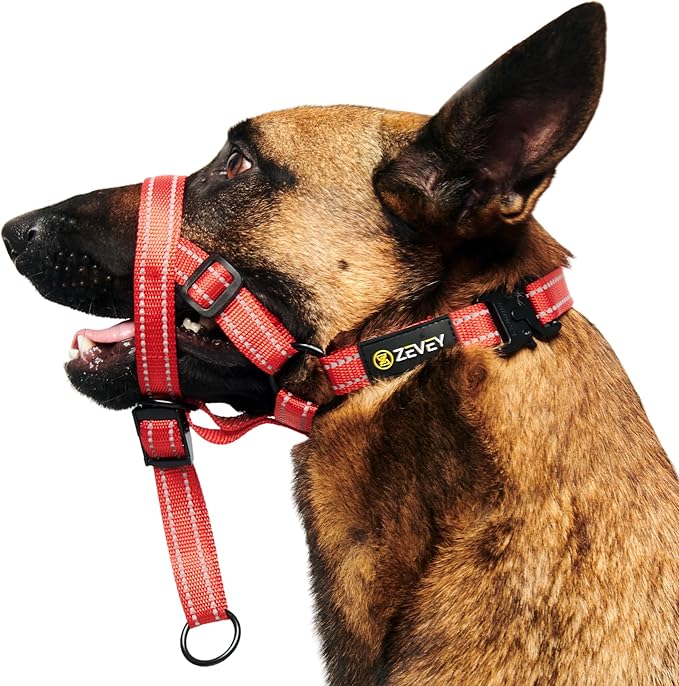 Adjustable Dog Head Halter with Safety Strap, Soft Padded Dog Head Collar for Small Medium Large Dogs, No-Pull Dog Harness for Training and Walking (Large, Red)