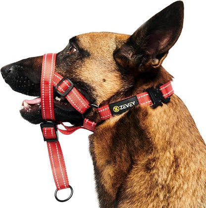 Adjustable Dog Head Halter with Safety Strap, Soft Padded Dog Head Collar for Small Medium Large Dogs, No-Pull Dog Harness for Training and Walking (Large, Red)