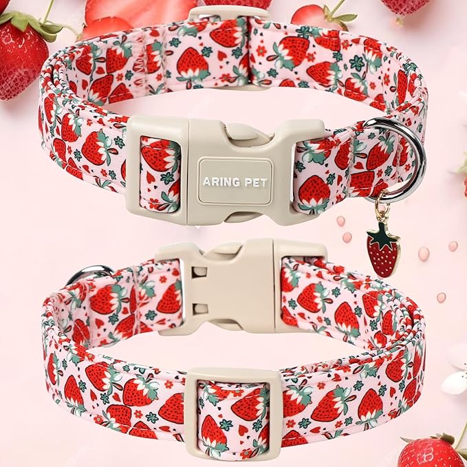 ARING PET Strawberry Dog Collar, Cute Summer Pink Pet Collars with Quick Release Buckle for Puppy Small Medium Large Boy Girl Dogs-M
