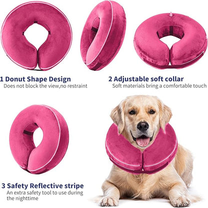 Inflatable Reflective Dog Cone Collar Alternative After Surgery,Doggie Recovery Dount Neck Ecollar,Adjustable Soft Dog Cone Collar for Small Medium Large Dogs (Pink, L)