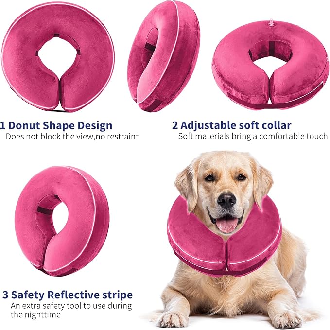 Inflatable Reflective Dog Cone Collar Alternative After Surgery,Doggie Recovery Dount Neck Ecollar,Adjustable Soft Dog Cone Collar for Small Medium Large Dogs (Pink, XXL)