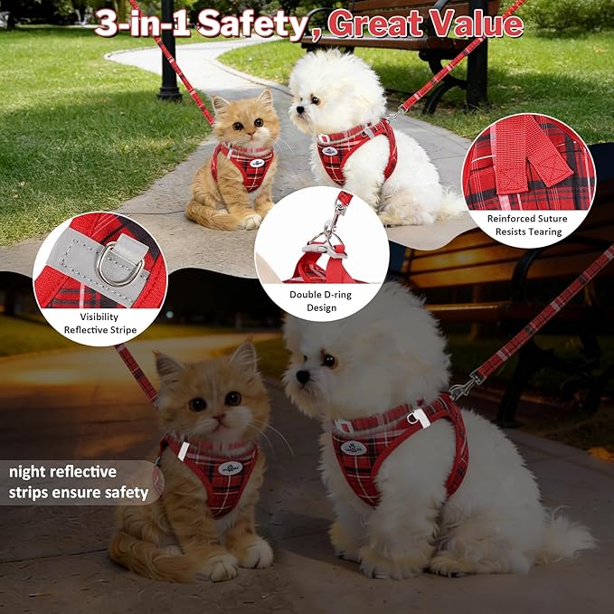 Gyuzh Small Dog Harness and Leash Set for Puppies - 3 Pieces Step in No Pull Vest & Collar, Extra Small Kitten Harness, Breathable Reflective Plaid, Padded Leash (Red, S)