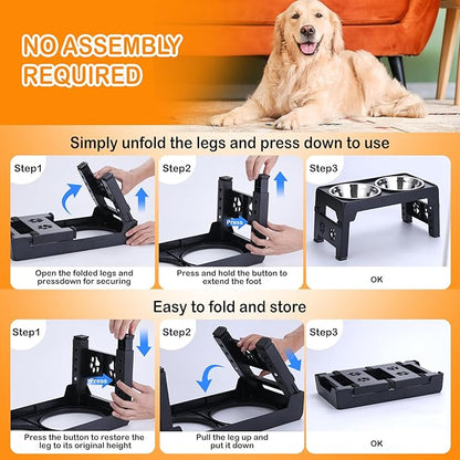 LALOBLUE Elevated Dog Bowls, Raised Bowl with 2 Stainless Steel Food Bowls, Dog Bowls Stand Adjusts to 5 Heights 2.95", 8.46", 9.65", 10.82", 12.01" for Small Medium Large Cats Pets,Black