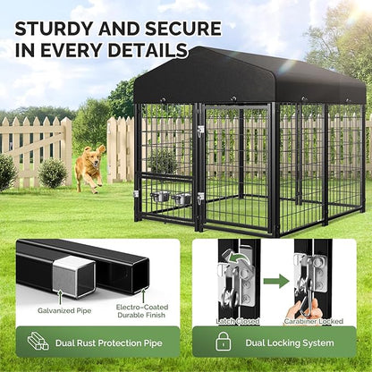 Sino Luban Outdoor Dog Kennel Outside Run with Doggy Door, Swivel Feeder&Roof - 5x5x5FT Large Dog Kennels Pens Outside for Medium/Large Dogs - Heavy Duty Cage Yard (Can Connect to Your Dog House)