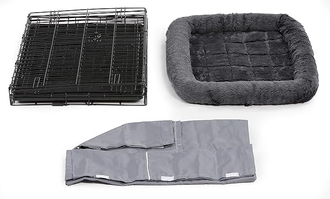 MidWest Homes for Pets Double Door 30-inch Dog Crate Kit, Bundle Includes a Two-Door Cage, Matching Gray Bed and Crate Cover, For Medium-Sized Breeds