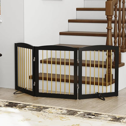 PUPETPO Freestanding Pet Gate for Dogs, Foldable Wooden Dog Gate for House, Indoor Dog Gate for Doorways, Stairs, Step Over Pet Puppy Safety Fence, Support Feet Included,24" Height 3 Panels,Black&Gold