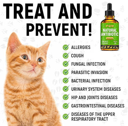 Pet Antibiotics for Cats, Dogs, Rabbits – Works Well As Fish, Poultry, Reptile, Turtle, & Chicken Antibiotics – Helps with UTIs, Allergies, Runny Nose – Herbal Supplement for Digestive Support – 2 Oz