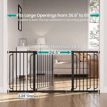 Cumbor Extra Wide Baby Gate, 36.6-69" Walk-Through Dog Gate for Stairs, Doorways & Hallways, 30.5“ Tall, Auto-Close & Dual-Swing Safety Child Gate Indoor, Easy Install Pressure-Mounted Pet Gate, Black