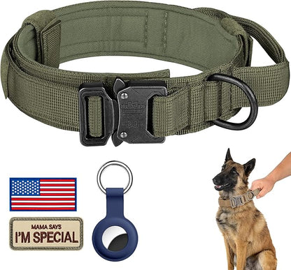 DAGANXI Tactical Dog Collar, Adjustable Military Training Nylon Dog Collar with Control Handle and Heavy Metal Buckle for Medium and Large Dogs, with Patches and Airtags Case (M, Green)