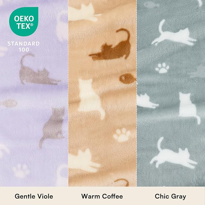 Luciphia 1 Pack 3 Cat Printed Fleece Pet Blankets Washable，Soft Warm Throw Covers for Crate Couch Bed，Cozy Puppy Essentials for Dogs and Cats，Purple/Grey/Khaki, Medium (30x20)