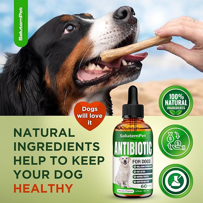 Natural Antibiotics for Dogs and Puppies | Antibiotics for Dogs of All Ages | Herbal Ingredients | Helps with Allergies and UTIs | for Balanced Digestion | Joint Care | Bacon Taste | 2 Oz