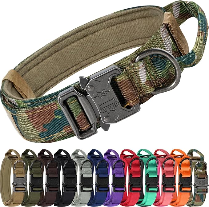 Joytale Tactical Dog Collar with Handle and Metal Buckle, Heavy Duty Padded Military Collar with 2 Patches for Training, Adjustable for Large Dogs, Camouflage, L