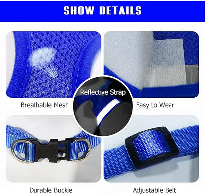 FEimaX Dog Harness and Leash Set for Walking, Soft Mesh Adjustable Easy Control Lightweight Cat Vest Harnesses with Reflective Strips, Escape Proof Small Dogs Cats Vests (Blue, Large)