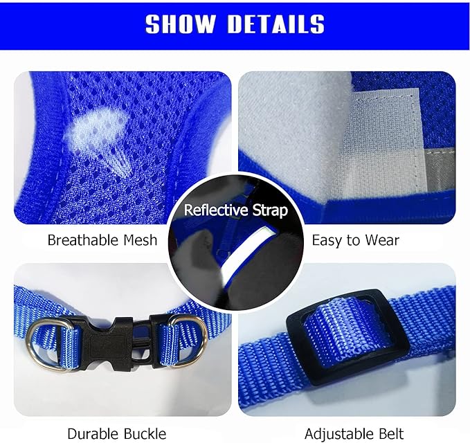 FEimaX Dog Harness and Leash Set for Walking, Soft Mesh Adjustable Easy Control Lightweight Cat Vest Harnesses with Reflective Strips, Escape Proof Small Dogs Cats Vests (Blue, Medium)