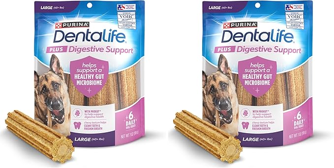 Dentalife Plus Digestive Support Dog Treats for Large Dogs 40 lbs. and up, Cleans Teeth, Freshens Breath, & Supports Healthy Gut, Chicken & Pumpkin Flavor, 7 oz., 6 Chews - 6 ct. Pouch (Pack of 2)