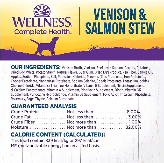 Wellness Complete Health Stew Adult Canned Wet Dog Food, Grain Free, Natural, Venison and Salmon Recipe, 12.5 oz, Pack of 12 Cans