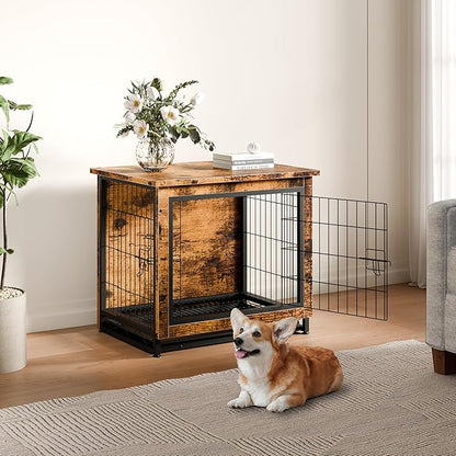 Vongrasig Dog Crate Furniture, Side End Table, Modern Wooden Kennel for Dogs Indoor, Heavy-Duty Dog Cage with Multi-Purpose Removable Tray, Double-Door Dog House, Rustic Brown