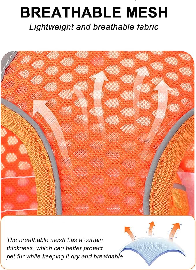 M Orange Soft Mesh Dog Harness and Leash Set,No Escape Puppy Harnesses for Training Walking， Reflective Adjustable Puppy Vest for Small Medium Dogs, Cats (Orange, M)