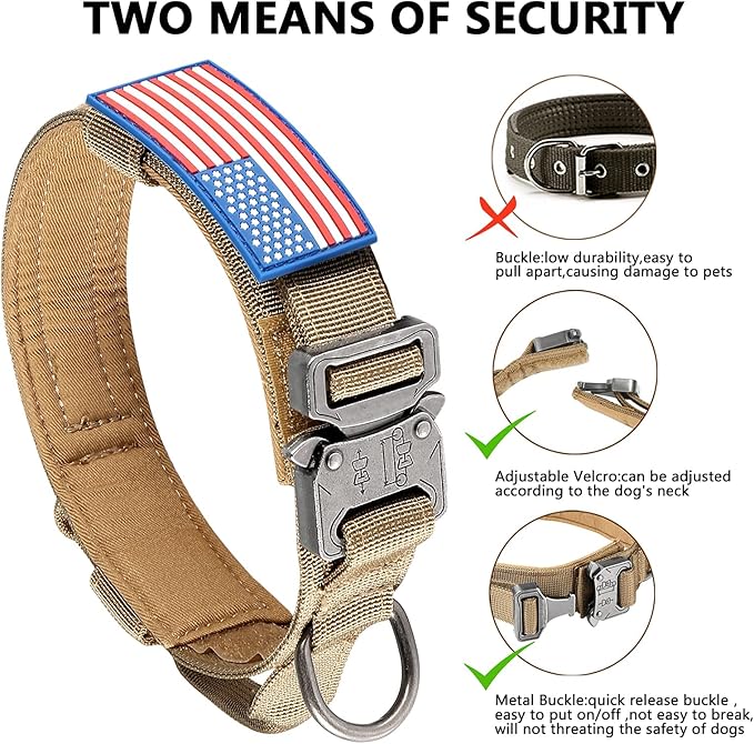DAGANXI Tactical Dog Collar, Adjustable Military Training Nylon Dog Collar with Control Handle and Heavy Metal Buckle for Medium and Large Dogs, with Patches and Airtags Case (L, Brown)
