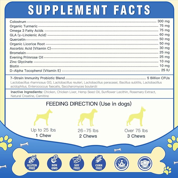 Dog Allergy Relief Chews, with Colostrum, Omega 3,6, Probiotics for Dogs, Support Immune, Dog Itching Skin Relief, Natural Dry Skin & Itch Relief for Dogs, Hot Spot Treatment, Seasonal Allergy Relief
