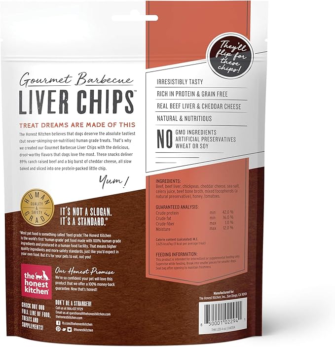 The Honest Kitchen Human Grade Dog Treats Gourmet Barbecue Liver Chips: Beef Liver & Cheddar Recipe, 4 oz Bag