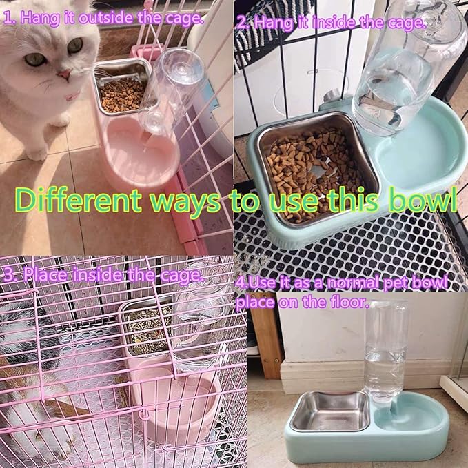 Cage Double Bowls, Crate Hanging, Dog Cat Bowl with Automatic Water Dispenser Bottle, Water and Food Bowl Set with Detachable Stainless Steel Bowl, Bird Pet Dog Cat Food Water Feeder (White)