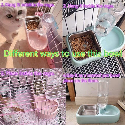 Cage Double Bowls, Crate Hanging, Dog Cat Bowl with Automatic Water Dispenser Bottle, Water and Food Bowl Set with Detachable Stainless Steel Bowl, Bird Pet Dog Cat Food Water Feeder (White)