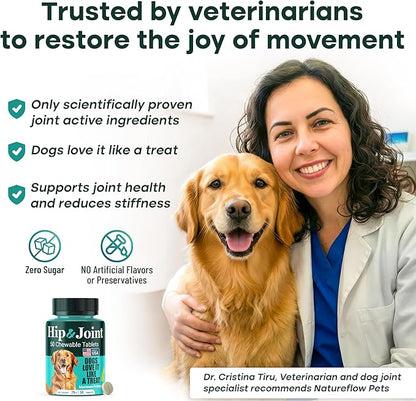 Natureflow Hip & Joint Supplement for Dogs, 300mg Green-Lipped Mussel for Dog Arthritis Pain Relief, Glucosamine, MSM & Chondroitin, Zero Sugar, Large Medium Small Breeds, 200 Chewable Tablets