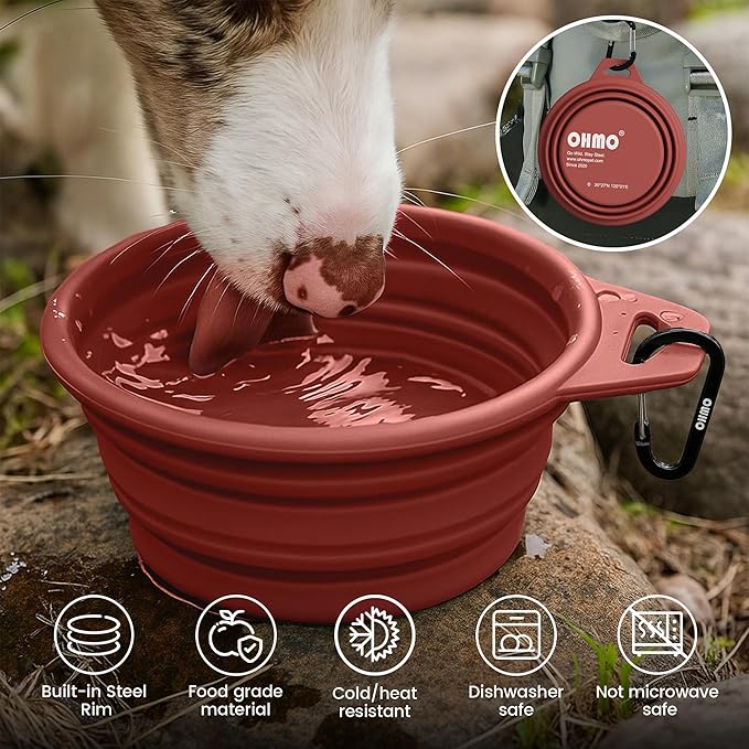 OHMO Collapsible Dog Water Bowls w/Built-in Stainless Steel Ring – 2pcs Small 12oz/400ml Portable Silicone Pet Feeding Bowl for Hiking, Camping, Travel