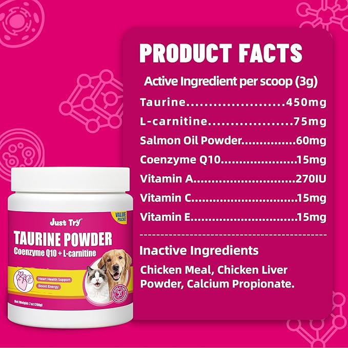 Just Try 7OZ Taurine for Cats & Dogs with CoQ10 - Heart Supplement Powder Support Heart, Vision and Immune System Health