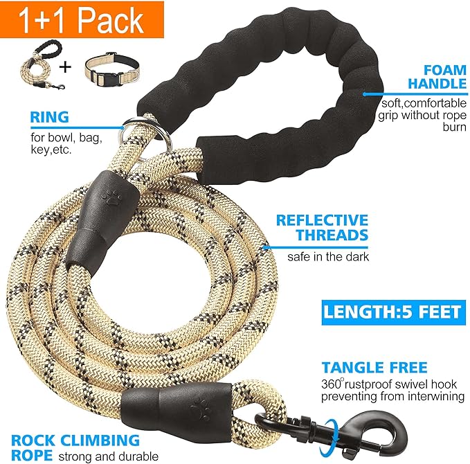 Ladoogo Reflective Dog Collar Padded with Soft Neoprene Breathable Adjustable Nylon Dog Collars for Small Medium Large Dogs (X-Small (Pack of 1), Vanilla Collar+Leash)