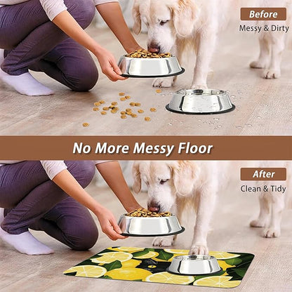Black Cat Funny Dog Food Mat for Floors,Lemon Absorbent Pet Food and Water Bowl Mats,Non-Slip Pet Feeding Mat,Pet Supplies 12" x 20"