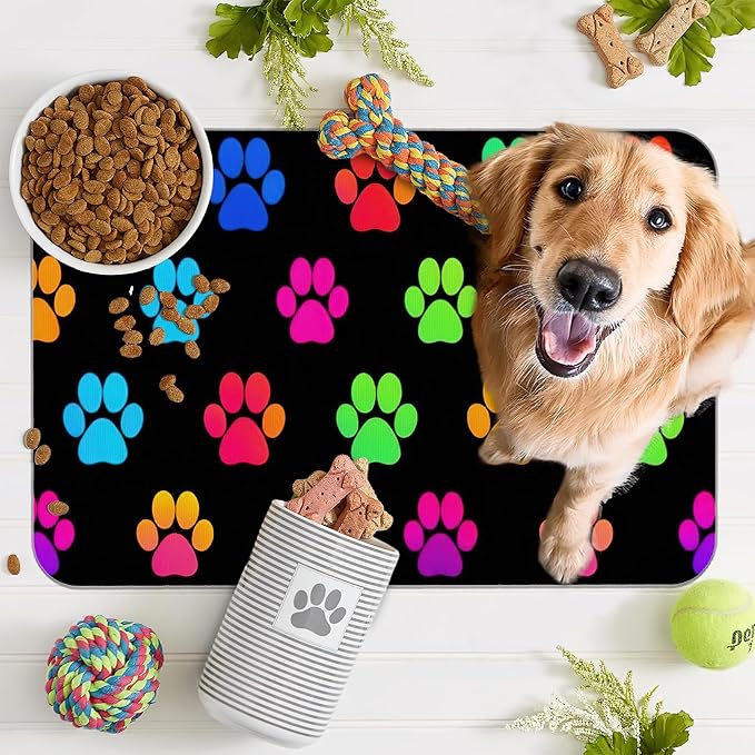 Cat Gradient Paw Print Dog Food Mat for Floors,Absorbent Pet Food and Water Bowl Mats,Non-Slip Pet Feeding Mat,Pet Supplies 12" x 20"