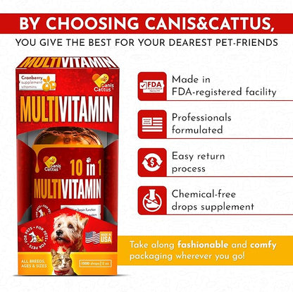 Multivitamin for Dogs & Small Pets with Glucosamine – Liquid B, C, D Dog Vitamins for Skin, Coat, Hips & Joints – Cat Vitamins for Indoor Cats Care for Urination, Breathing, Digestion – 2 oz Bottle