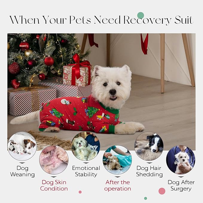 Dog Surgery Recovery Suit for Female Male Dogs, Christmas Dog Onesie Pajamas with Long Sleeve, Xmas Cat Abdominal Wound Bandages Surgical Suit for Shedding Skin Disease