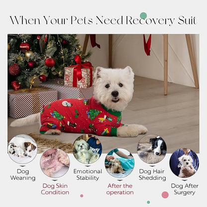 Dog Surgery Recovery Suit for Female Male Dogs, Christmas Dog Onesie Pajamas with Long Sleeve, Xmas Cat Abdominal Wound Bandages Surgical Suit for Shedding Skin Disease