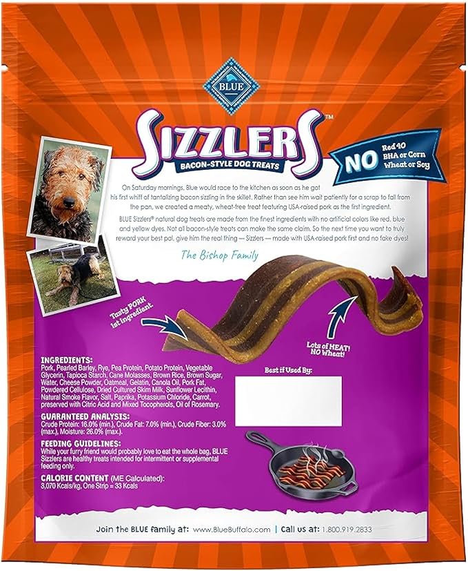 Blue Buffalo Sizzlers Natural Soft Dog Treats,Bacon-Style Soft-Moist Dog Treats with Real USA Pork,Original Flavor,6-oz Bag,(Pack of 2)