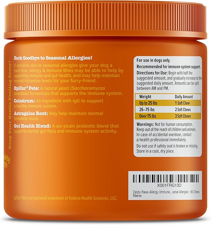 Zesty Paws Allergy Immune Bites - Dog Allergy Chews, Dog Probiotics for Itchy Skin and Ears, Lamb, 90ct