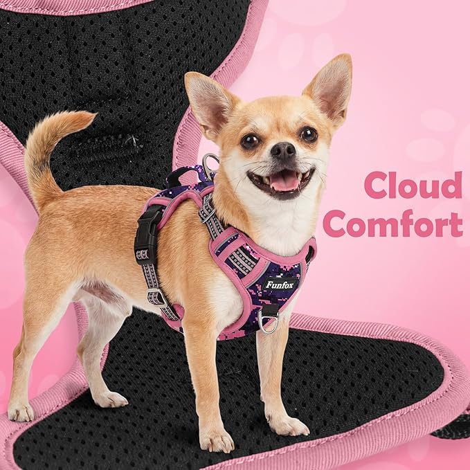 Funfox Dog Harness No Pull, Adjustable Pet Vest Harness, Super Soft Material with Vertical Handle Easy Control, Reflective Night Walking, 2 Leash Clips for Medium Sized Dogs, Mosaic Pink, M