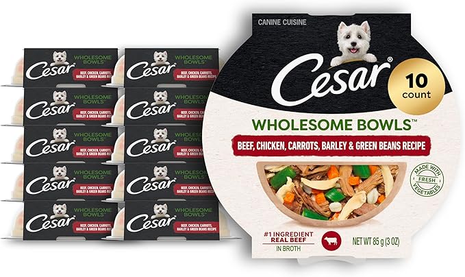 Cesar Wholesome Bowls Adult Wet Dog Food, Beef, Chicken, Carrots, Barley & Green Beans Recipe, Wet Food for Dogs, 3 oz., 10 Count