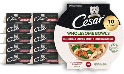 Cesar Wholesome Bowls Adult Wet Dog Food, Beef, Chicken, Carrots, Barley & Green Beans Recipe, Wet Food for Dogs, 3 oz., 10 Count