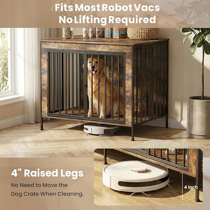 Dog Crate Furniture Heavy Duty for Large Dog, Sturdy Indoor Kennel Table with Dual Doors, Elevated Robot Vacuum Friendly Base, Decorative Cage TV Stand & End Table, Rustic Brown