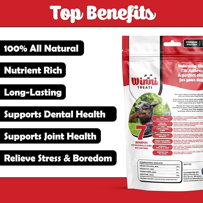 Winni Treats Elk Antlers for Dogs - Single Ingredient, Preservative-Free, Premium Shed, Grade A Split Elk Antler Dog Chew, High in Protein, Calcium for Teeth, Low in Fat, Dog Treat Antler (2 Pieces)