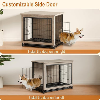 Vongrasig Dog Crate Furniture, Side End Table, Modern Wooden Kennel for Dogs Indoor, Heavy-Duty Dog Cage with Multi-Purpose Removable Tray, Double-Door Dog House, Grey