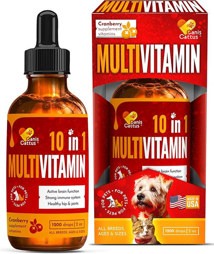 Multivitamin for Dogs & Small Pets with Glucosamine – Liquid B, C, D Dog Vitamins for Skin, Coat, Hips & Joints – Cat Vitamins for Indoor Cats Care for Urination, Breathing, Digestion – 2 oz Bottle