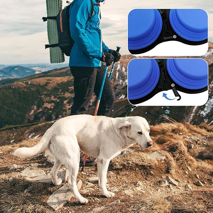 Collapsible Silicone Cat and Dog Travel Bowls,2 in 1 Foldable Pet Feeding and Watering Dish for Walking Camping Hiking with Carabiner (Blue)
