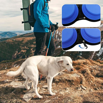 Collapsible Silicone Cat and Dog Travel Bowls,2 in 1 Foldable Pet Feeding and Watering Dish for Walking Camping Hiking with Carabiner (Blue)