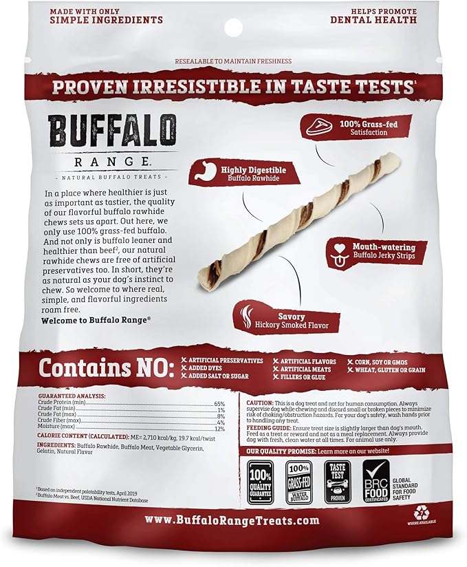 Buffalo Range Rawhide-Free Dog Treats – Natural Jerky Twists Made with Grass-Fed Buffalo – Hickory Smoked Flavor High Protein Chews for Dogs – Healthy Rawhide Alternative – 40 Count