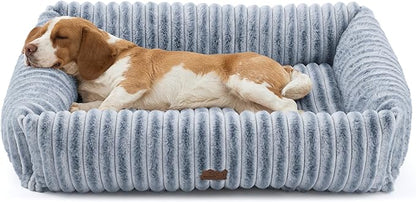 Bedsure ComfyFleece™ Cute Dog Beds Large Sized Dog - Washable Furry Pet Beds, Rectangle Orthopedic Corduroy Fleece Puppy Beds with Removable Zipper Cover, 36x27x8inches, Vintage Indigo